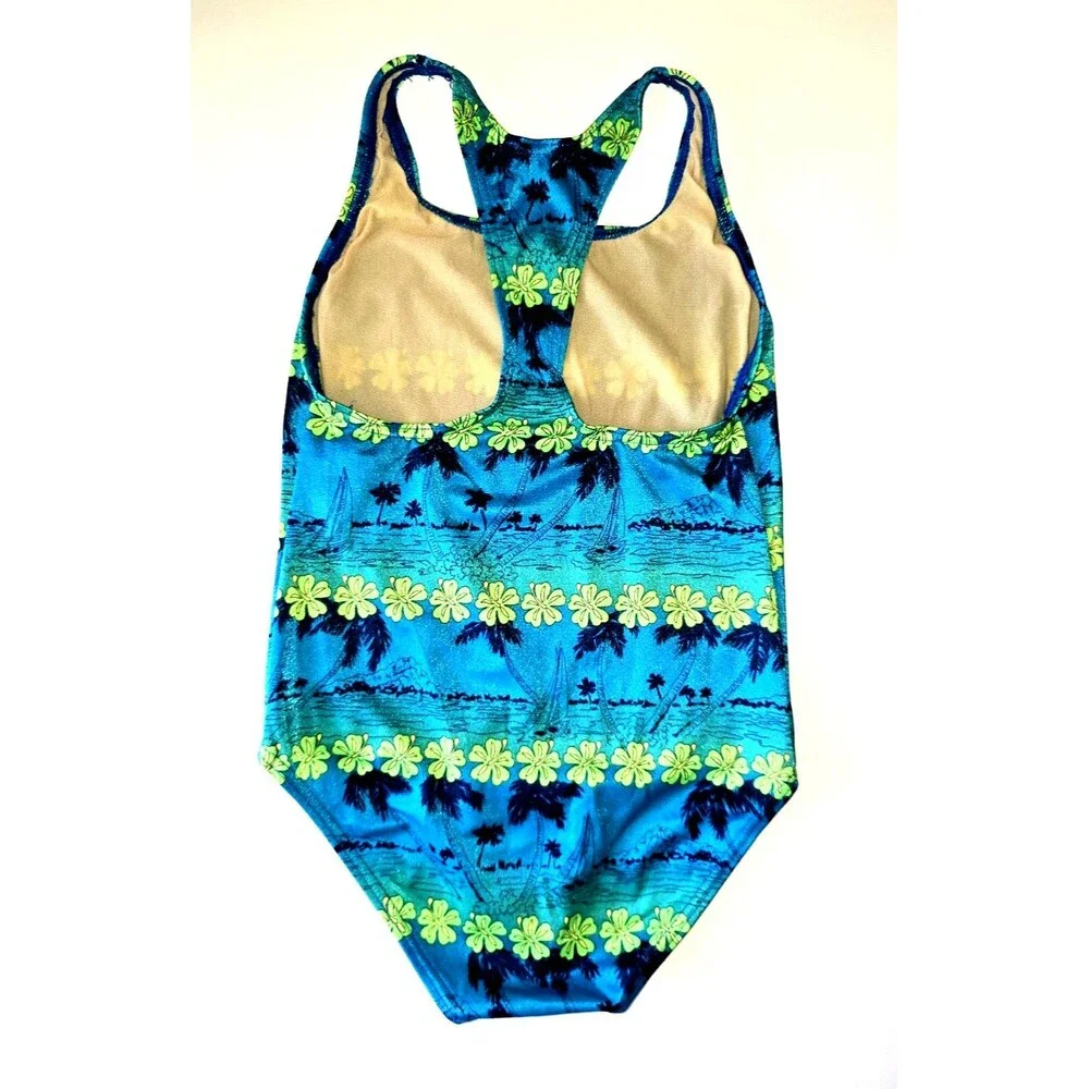 Speedo 1 Piece Swimsuit Girls 12 Floral Blue Green Racerback Athletic VTG Sporty